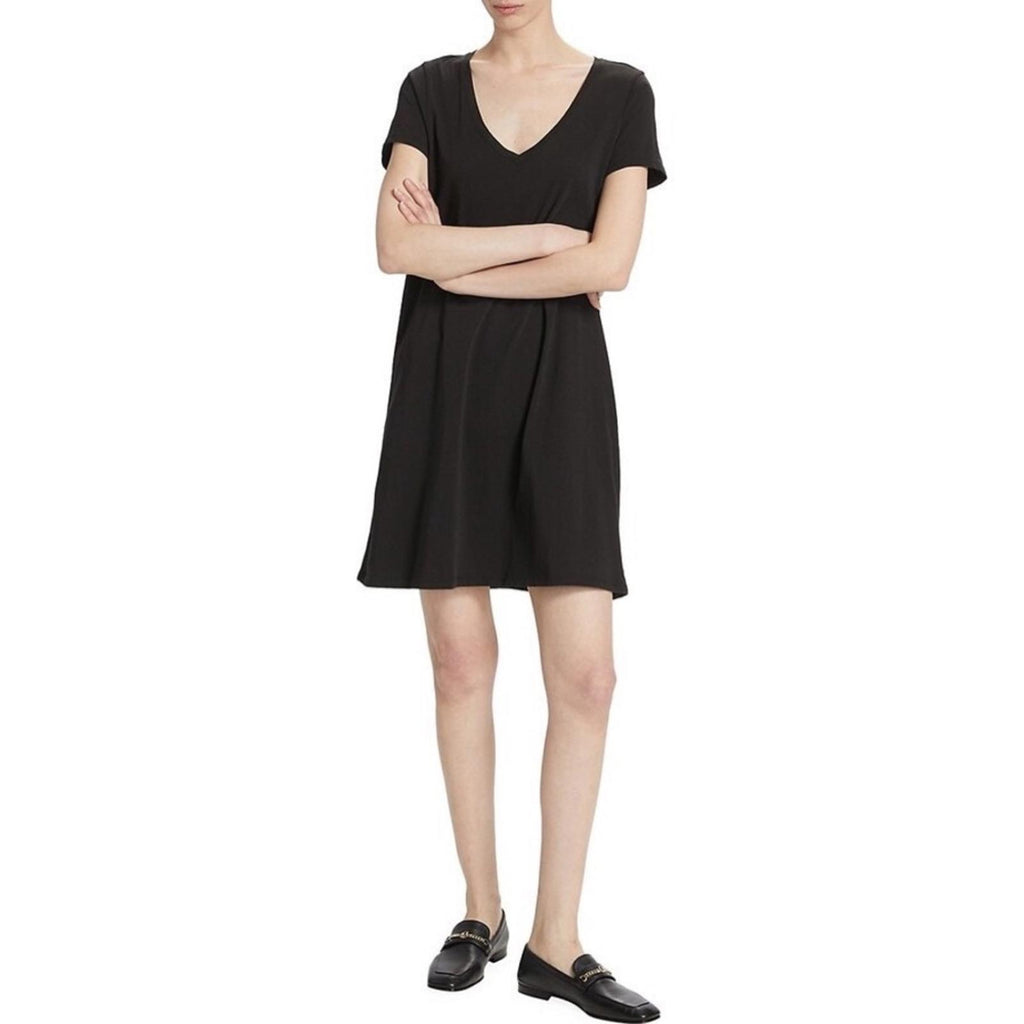 ATM Cotton Jersey V-Neck Mini T-Shirt Dress in Black, Size XS NEW w/Tag $195