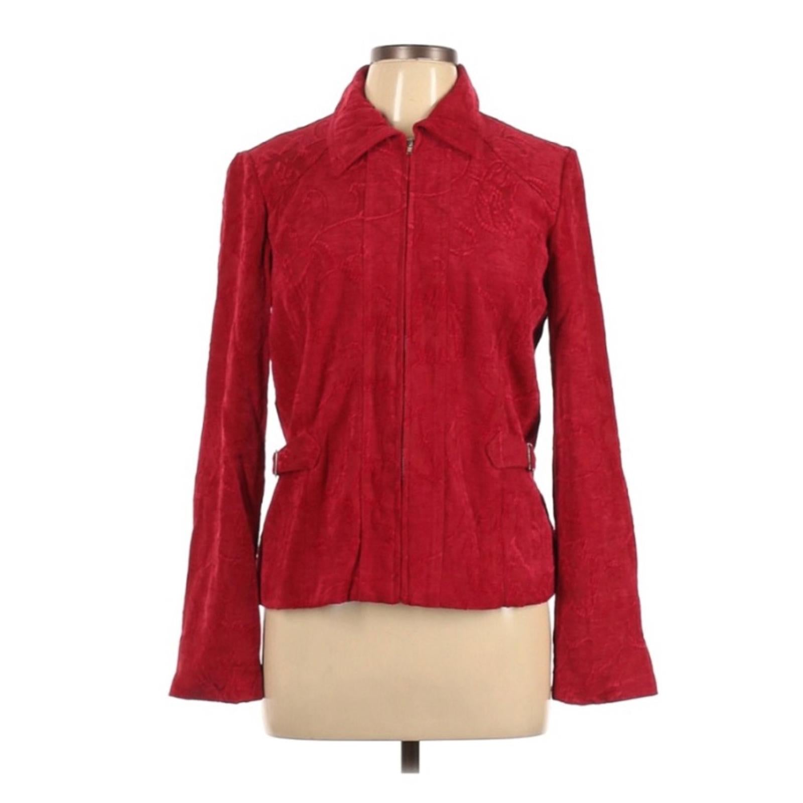 Christopher & Banks Floral Corduroy Front Zip Jacket in Red, Size L EXCELLENT