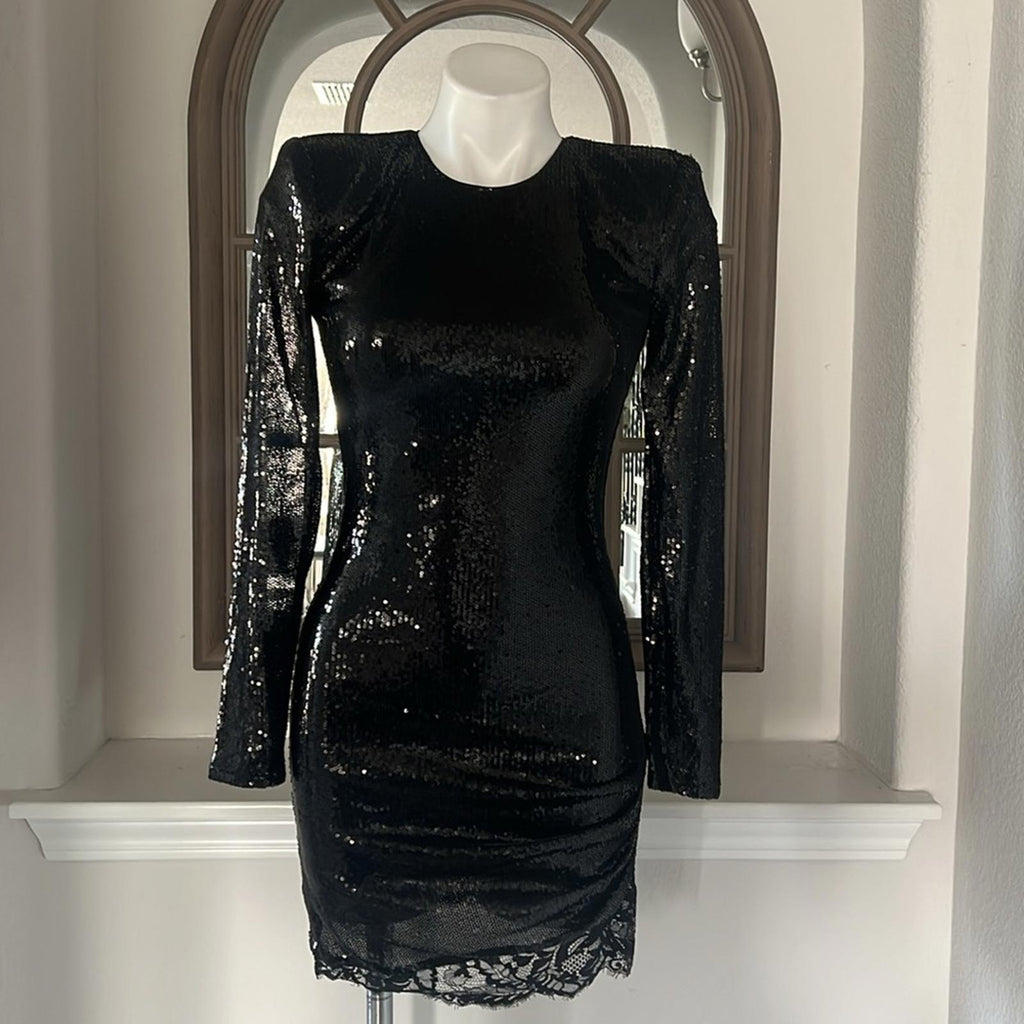 L'Agence "Alba" Sequin-Embellished Mini Dress w/Padded Shoulders Size 2 NWT $495