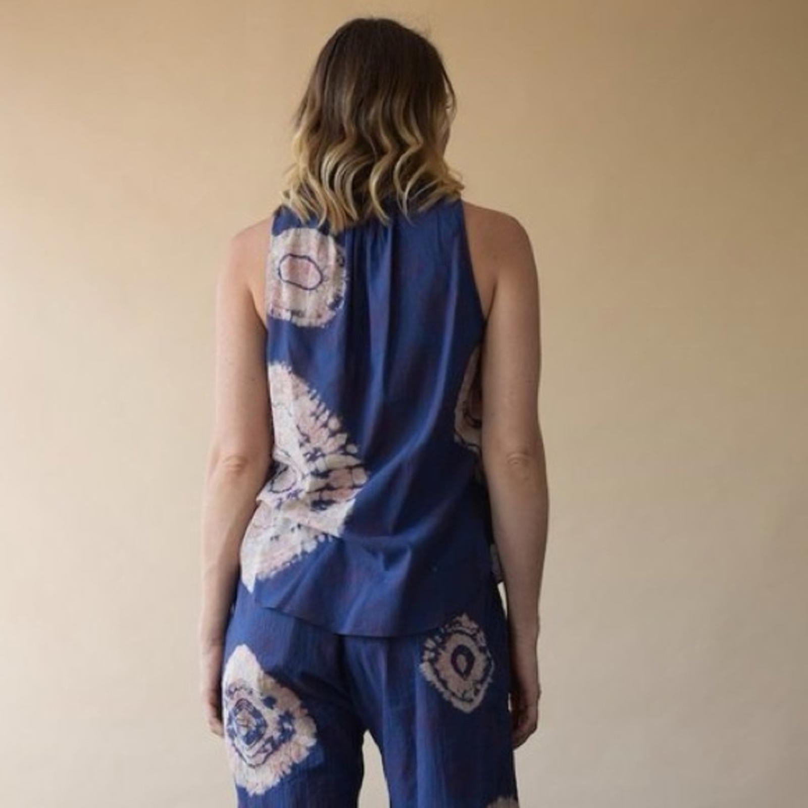 Raquel Allegra Voile Block Print Shirred Sleeveless Top, Blue/Red Size 0 $132.50