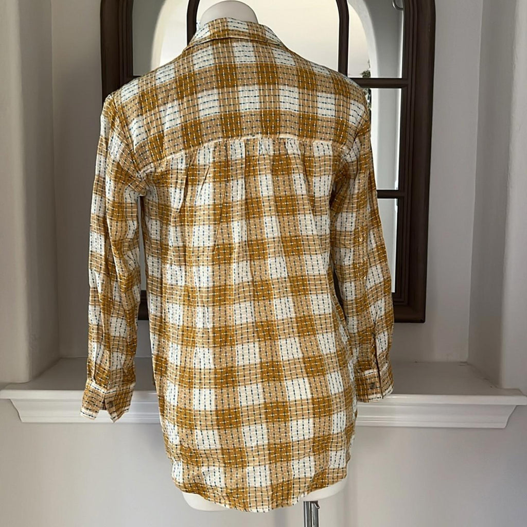 NEW Anthropologie’s Pilcro Yellow Motif Mustard Plaid Stitched Shirt Size XXS