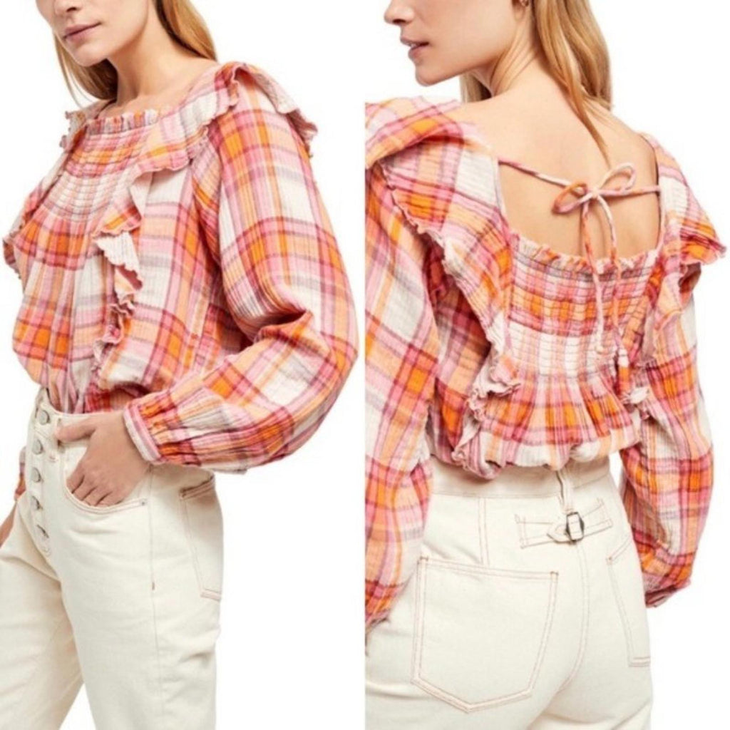 Free People Plaid Ruffle Top Long Sleeve Size L NWT $118.00