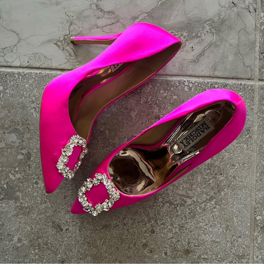 Badgley Mischka Cher Satin Brooch Embellished Pumps Pink, Size 7.5 New + DustBag