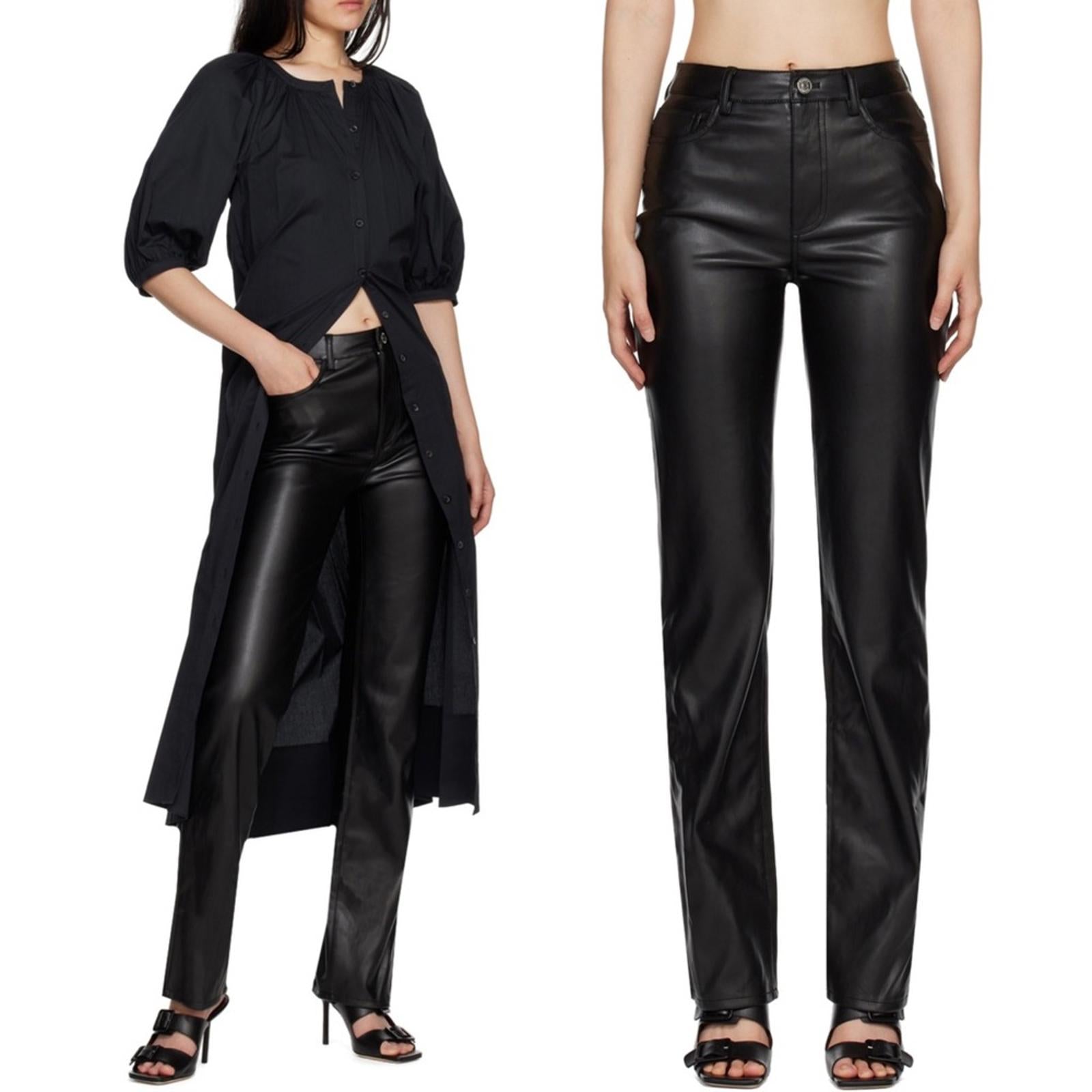 Staud Chisel Vegan Leather Straight-Leg Pants, Black High Waist Size 12 NEW $350