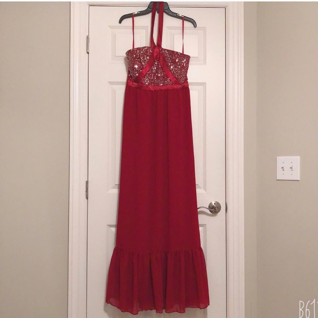 Altar’d State Tiered Halter Maxi Dress with Sequin Detail Ruby Red, NWT, Size L