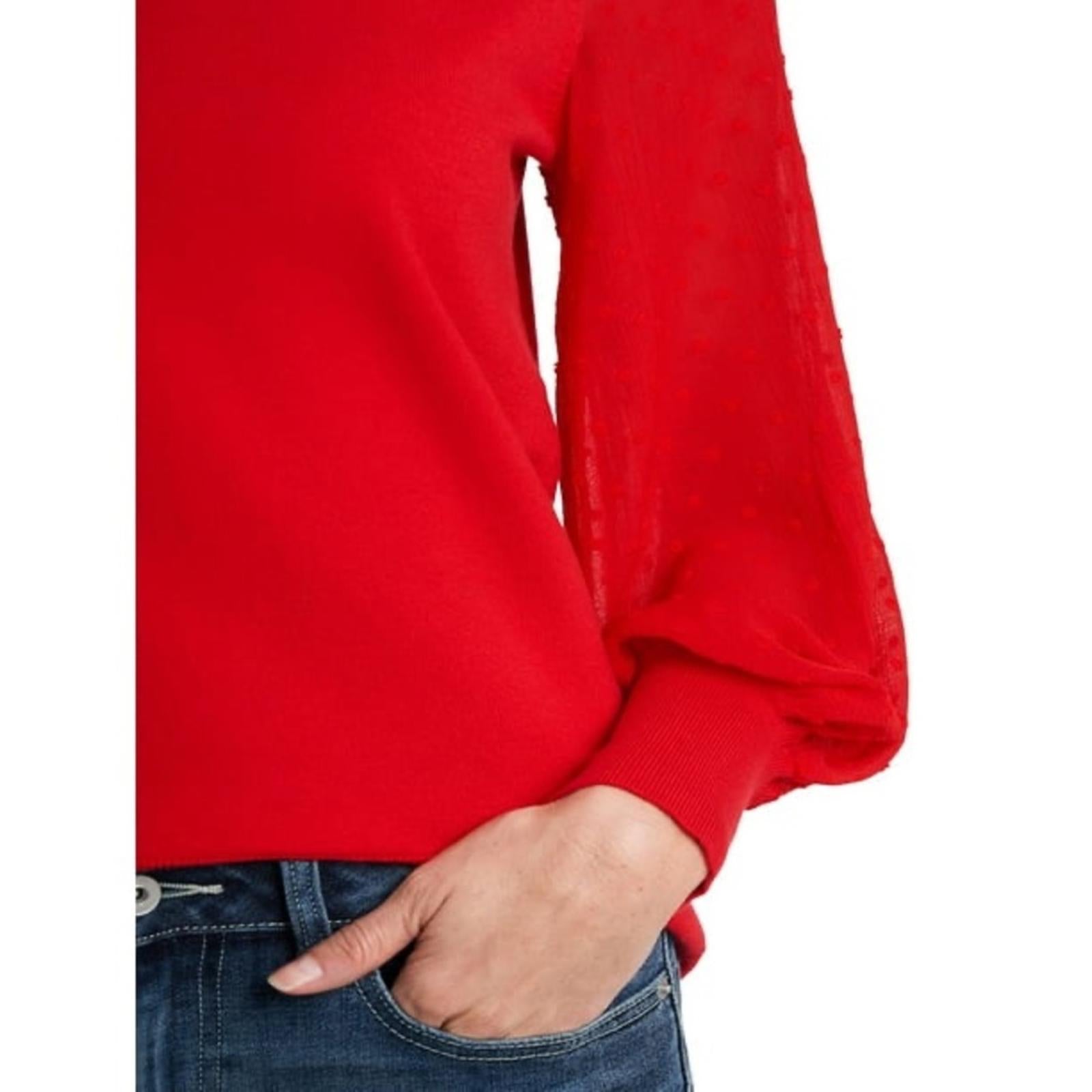 CeCe Clip Dot Sleeve Crewneck Sweater in Red, New w/Tag