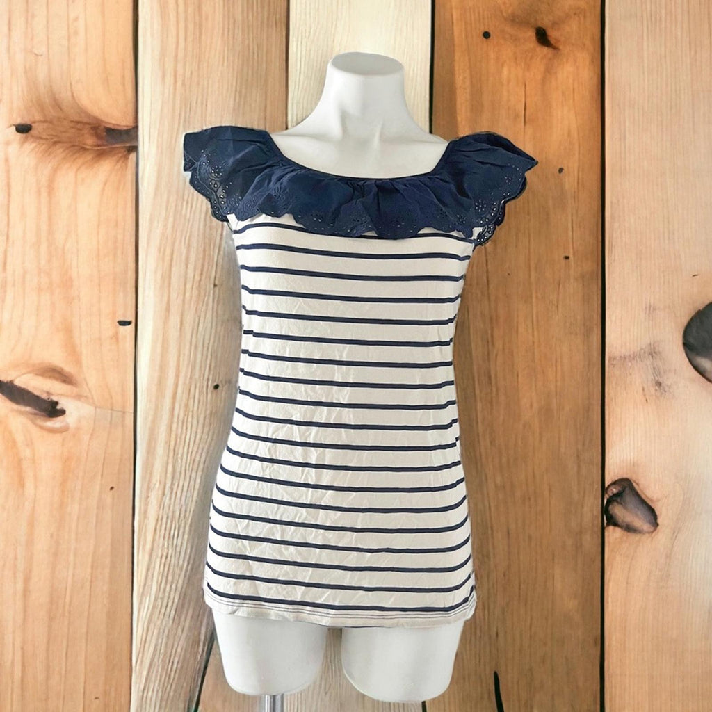 Lauren Ralph Lauren Striped Eyelet Ruffle Top, Cap Sleeve Round Neck Size XL NWT
