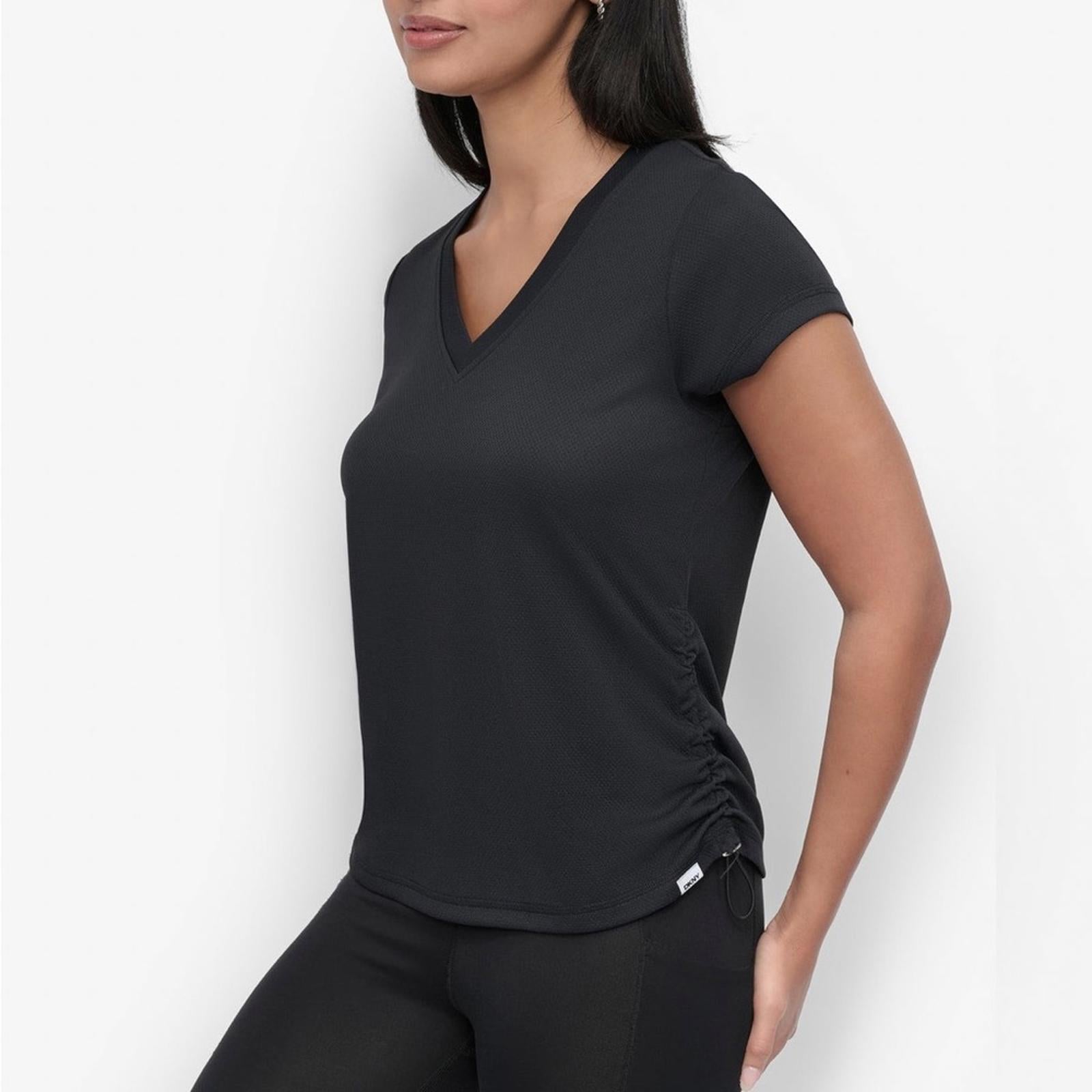 DKNY Tech-Mesh Performance V-Neck Tech Tee w/Ruched Drawcord Side Seams, NWT, M