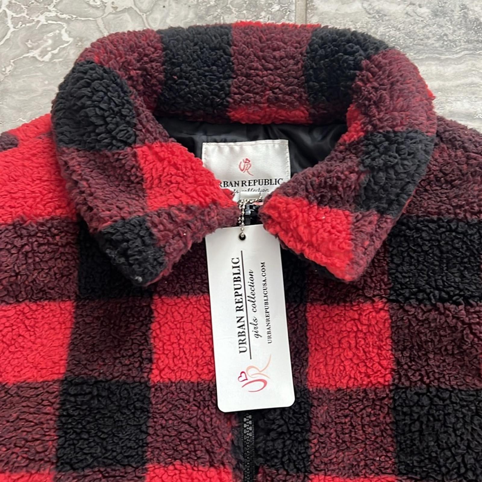 Urban Republic Half-Zip Faux Fur Jacket Girls' S(7/8) RedBlack Buffalo Check NWT
