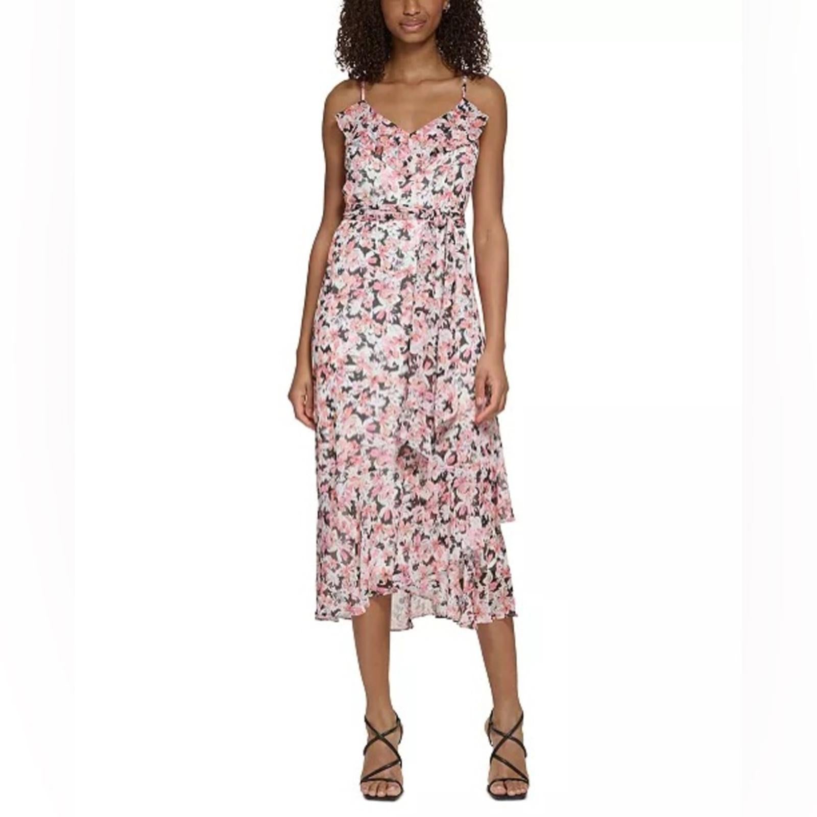 Karl Lagerfeld Paris Floral Ruffled Tie-Waist Chiffon Midi Dress, Size 16 NWT