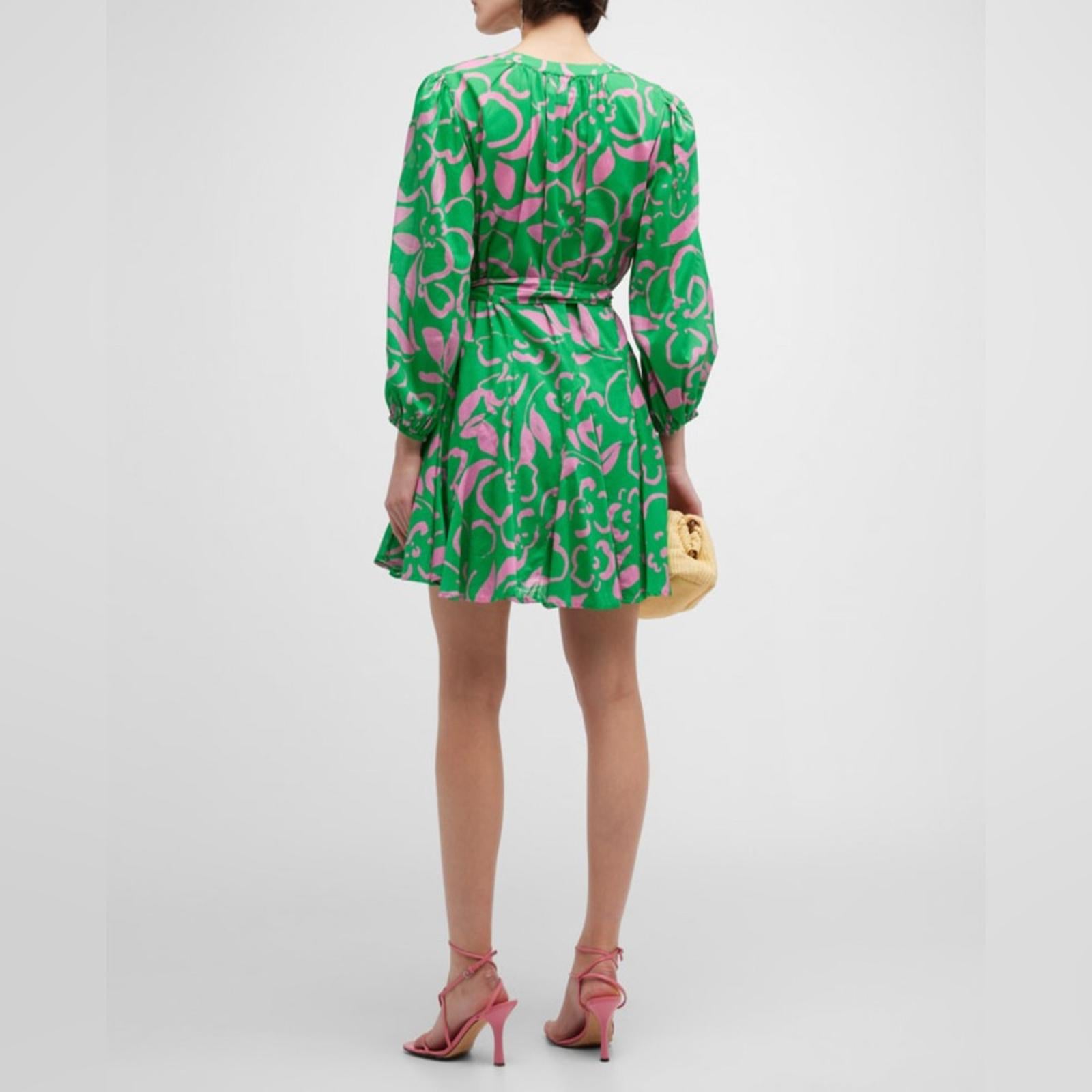 Velvet Kiki Short Tie-Belt Printed Cotton Dress in Green/Link, Size XS NWT