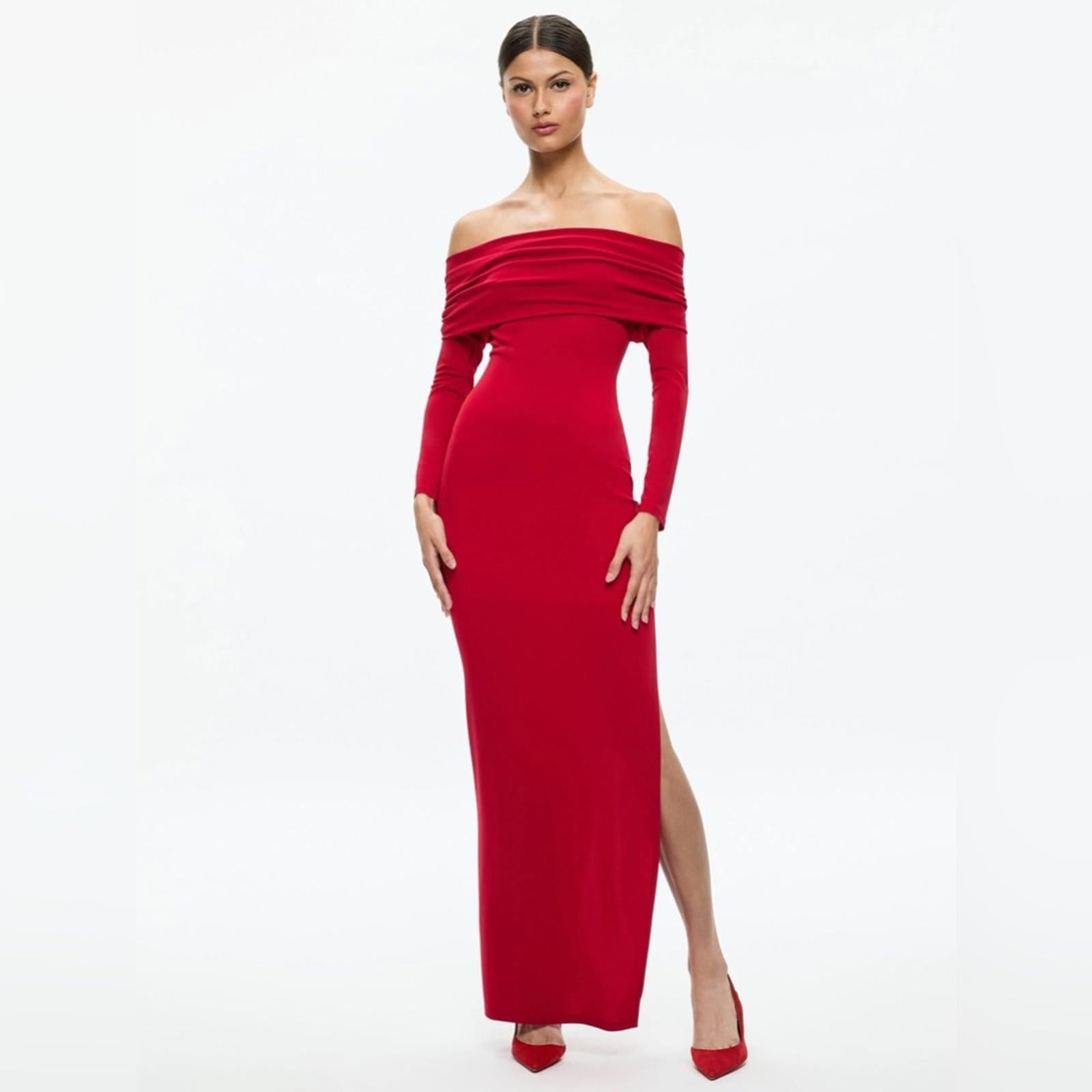 Alice+Olivia Coretta Off-the-Shoulder Long Sleeve Maxi Dress in Red, NWT, Size L
