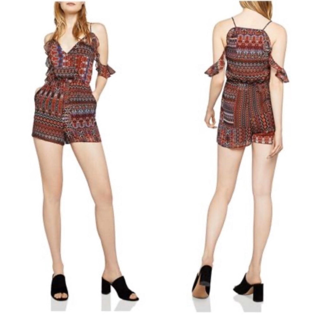 BCBG Conquistador Tapestry Print Crossover Romper w/Cold Shoulder, Size XS NWT