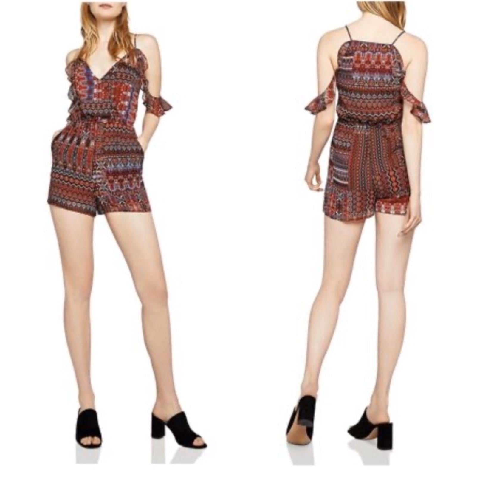 BCBG Conquistador Tapestry Print Crossover Romper w/Cold Shoulder, Size XS NWT