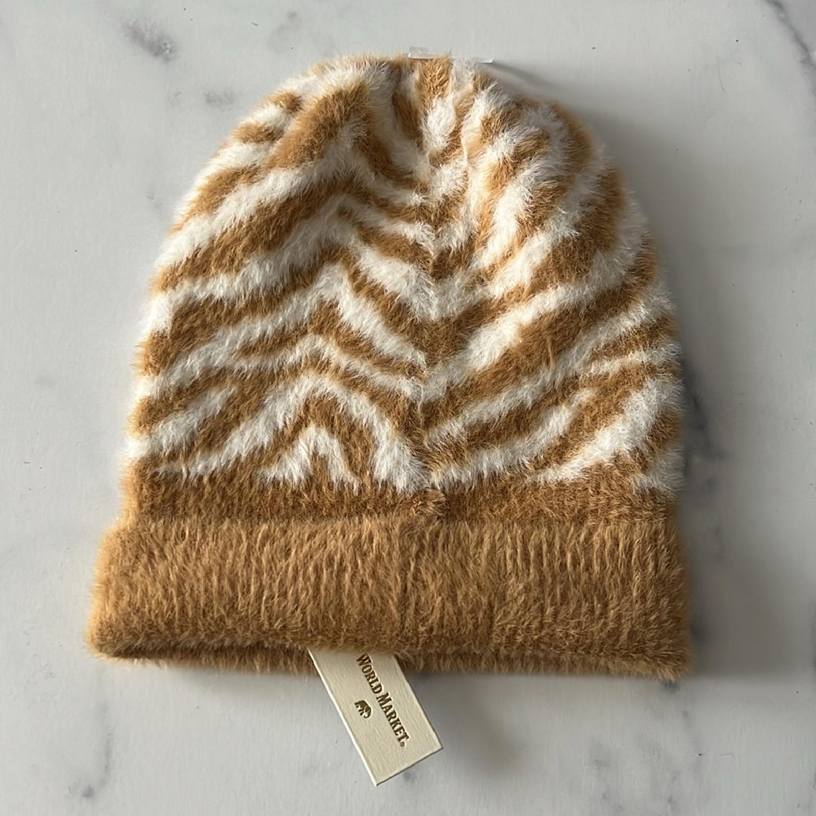NEW Fur Animal Print Beanie Hat, Tan & White New w/Tag