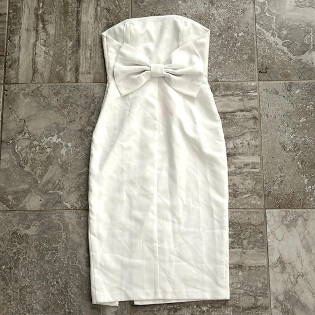 Amanda Uprichard Bellavia Bow Back Midi Strapless Sheath Dress White, Size M NWT