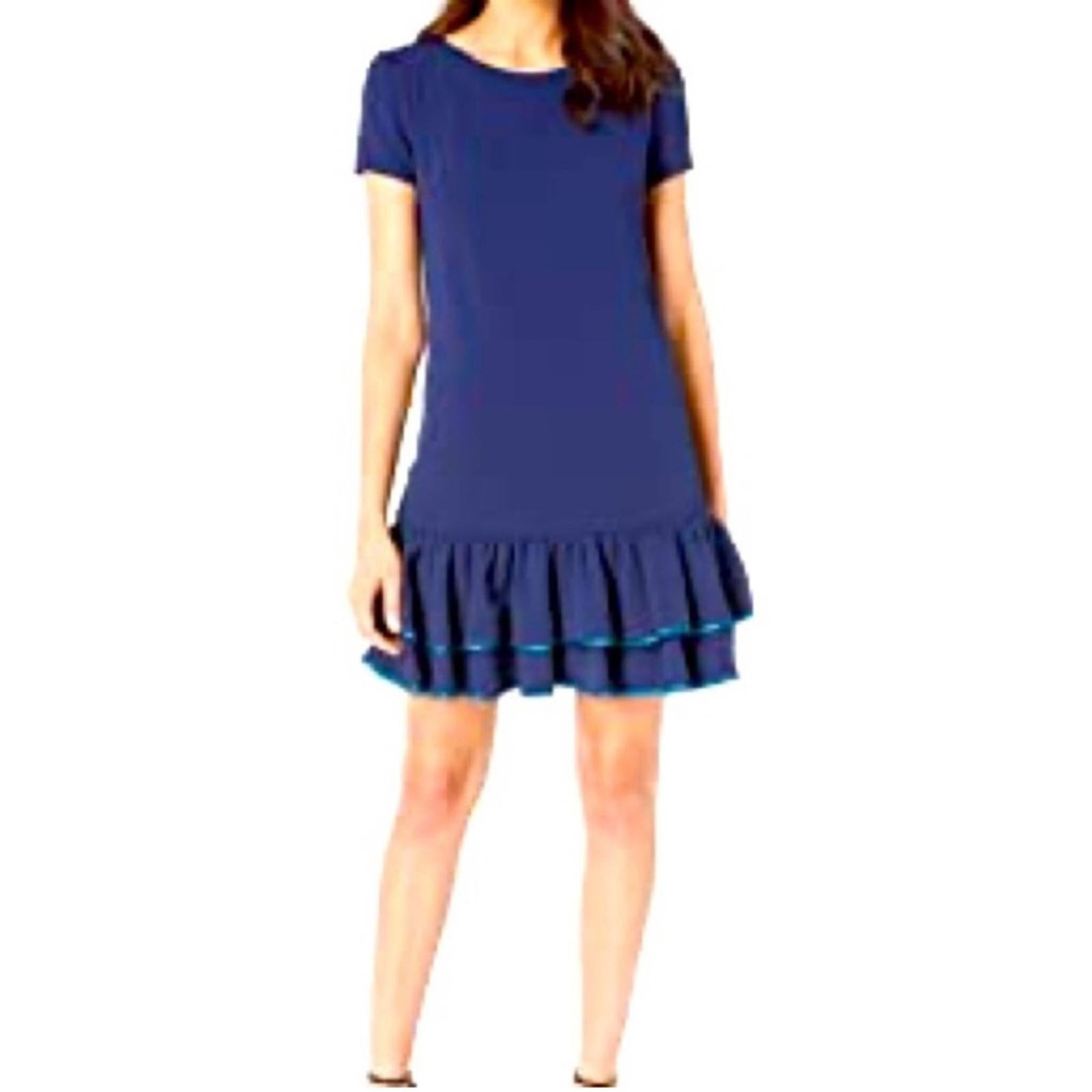 Betsy Johnson Tiered Double Ruffle Hem Dress in Navy Blue, EXCELLENT, Size 14