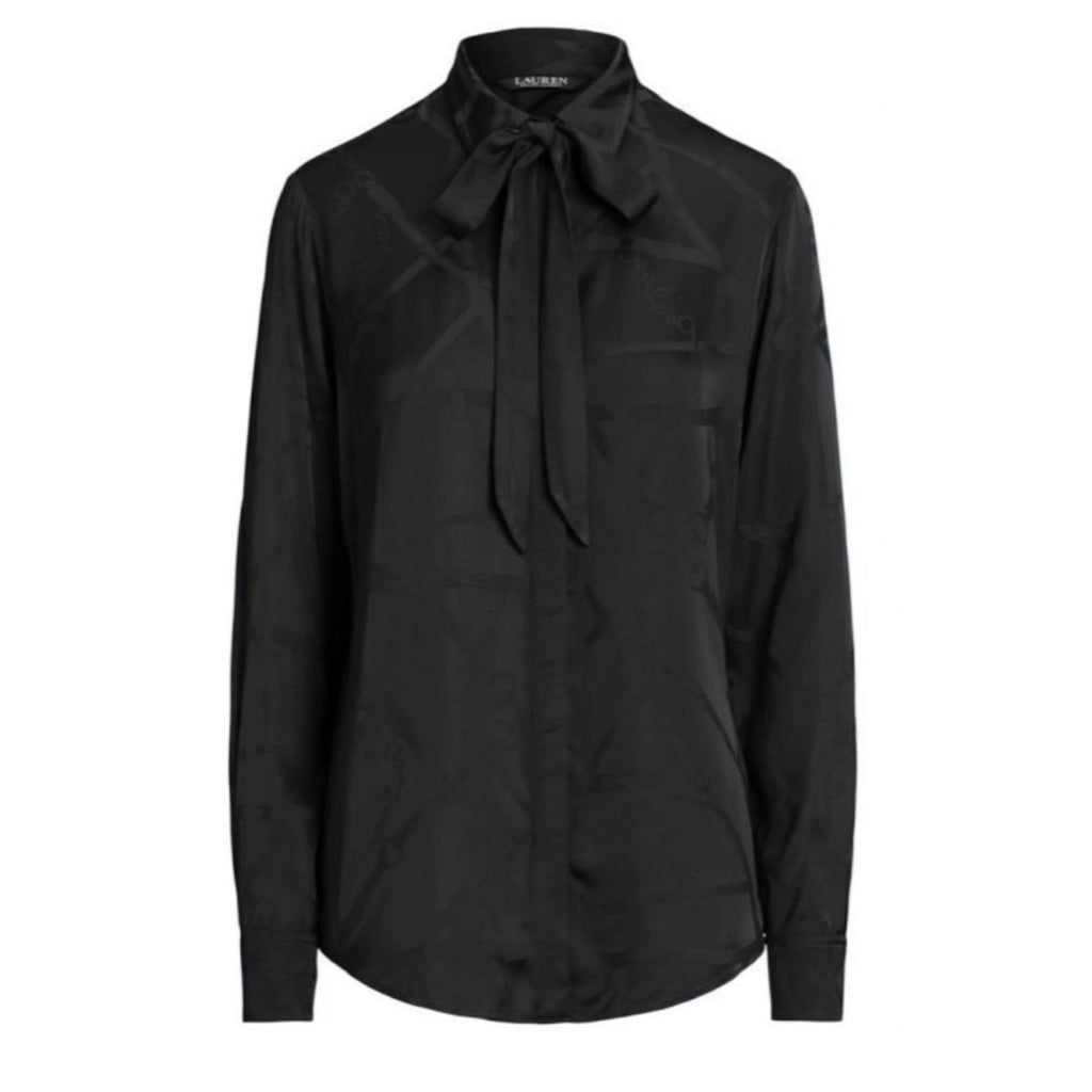 Lauren Ralph Lauren Belting-Motif Jacquard Tie-Neck Shirt Black Size XS NEW wTag