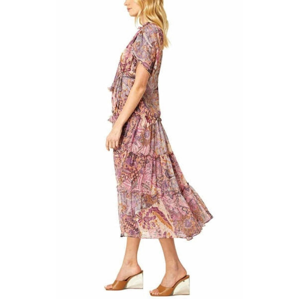 MISA Ilya Split-Neck Tiered Midi Dress, Boho Maxi Size XS New w/Tag $430