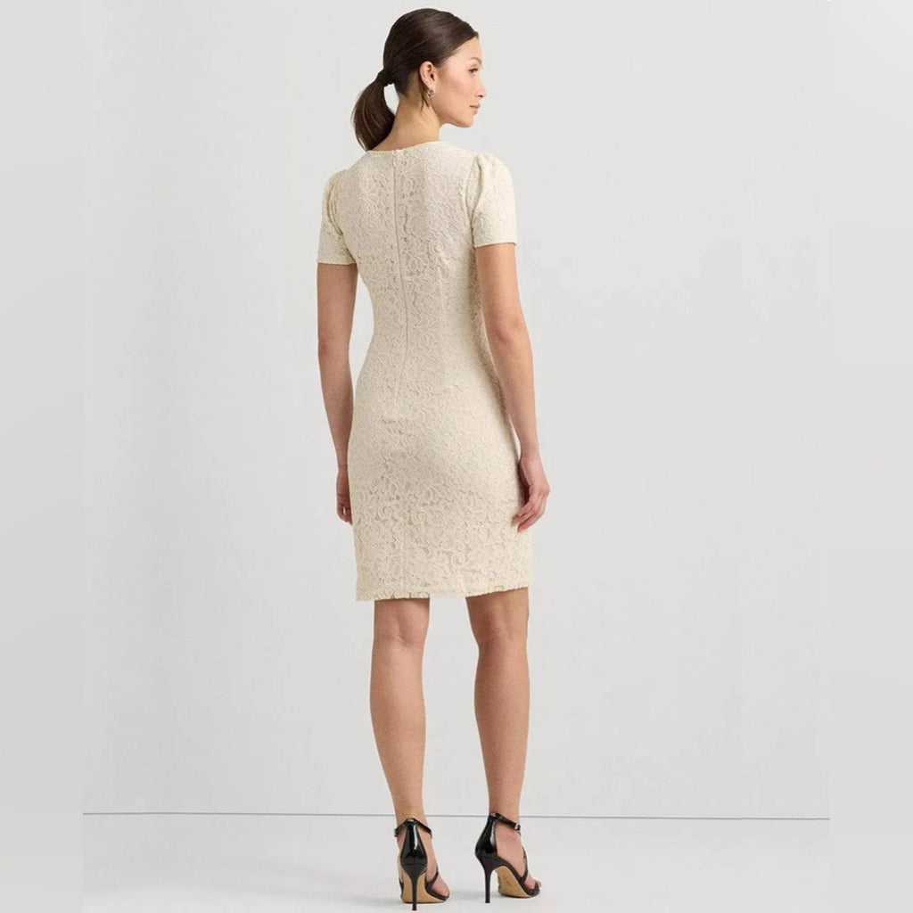 Lauren Ralph Lauren Winter Cream Puff-Sleeve Lace Cocktail Dress Size 4 NWT $225