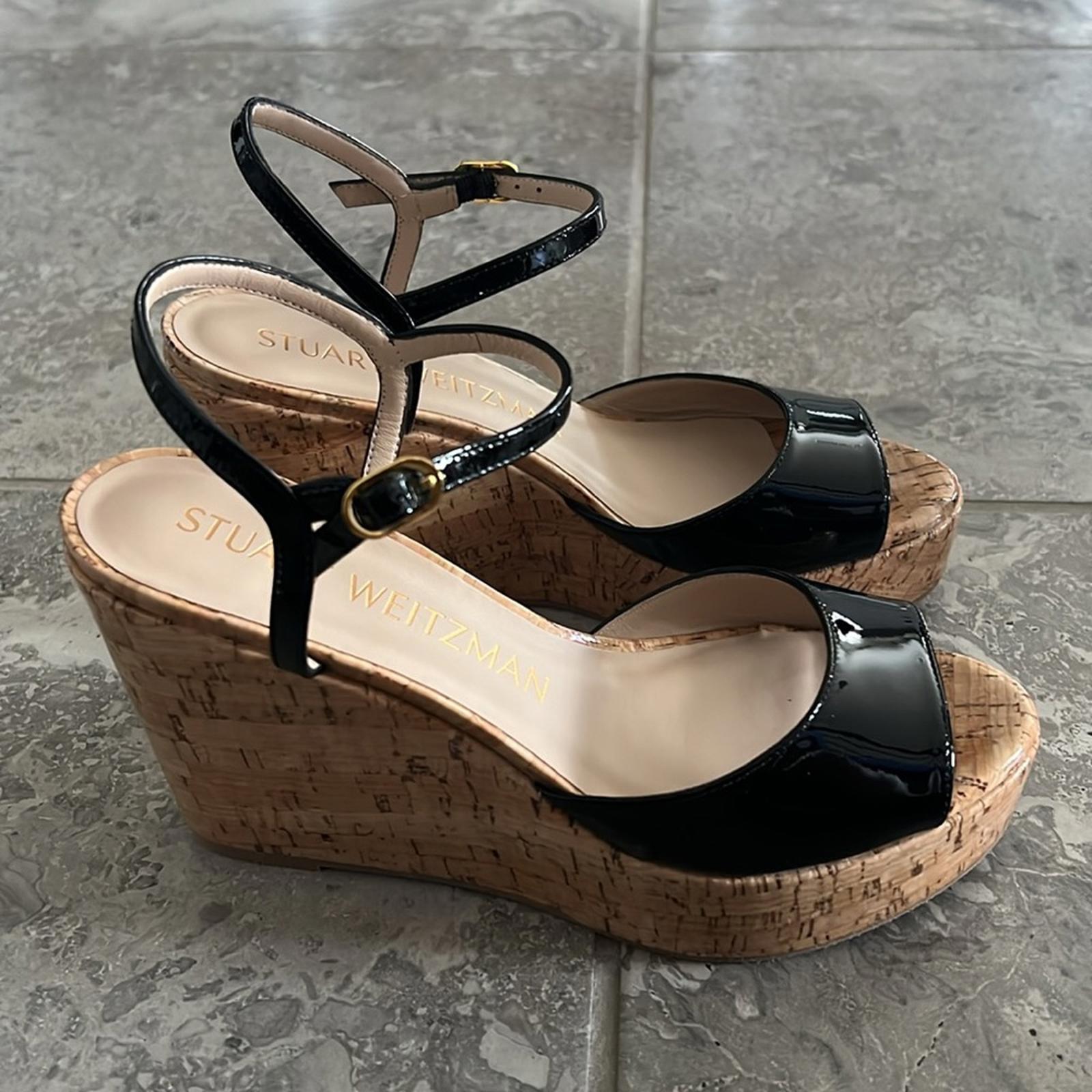 Stuart Weitzman Palmina Platform Wedge Sandals, Black Size 37.5/7 NEW + DustBag