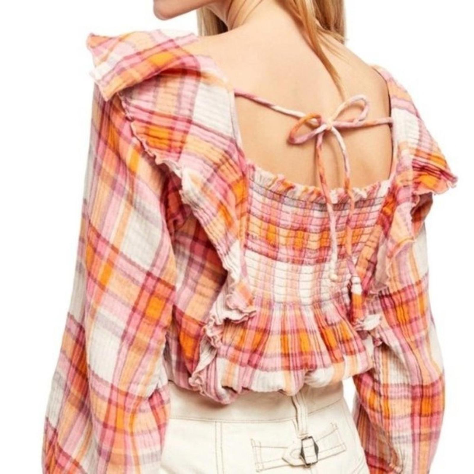 Free People Pullover Plaid Long Sleeve Ruffle Top, Size M New with Tag