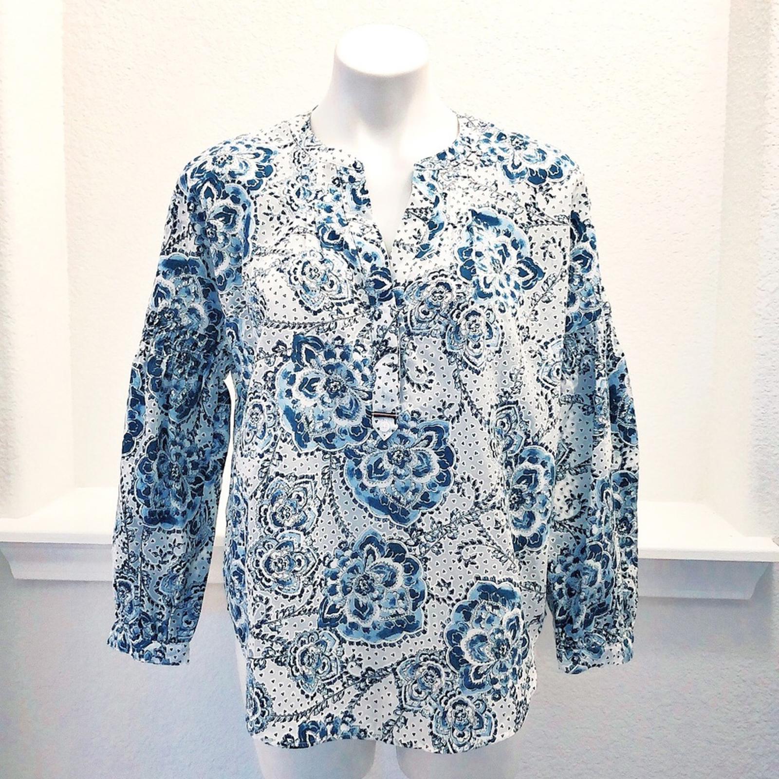 NWT Tommy Hilfiger Printed Blouson-Sleeve Blouse in Blue White Size S New w/Tag
