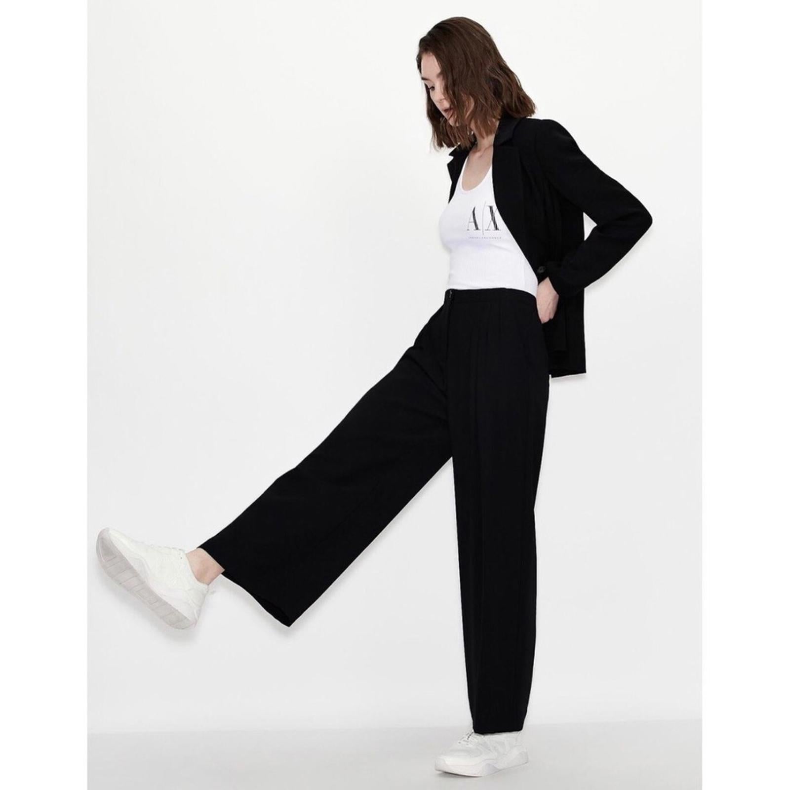 Armani Exchange Black Elastic Waist Trousers, Wide Leg Size 8 NWT Retail $480