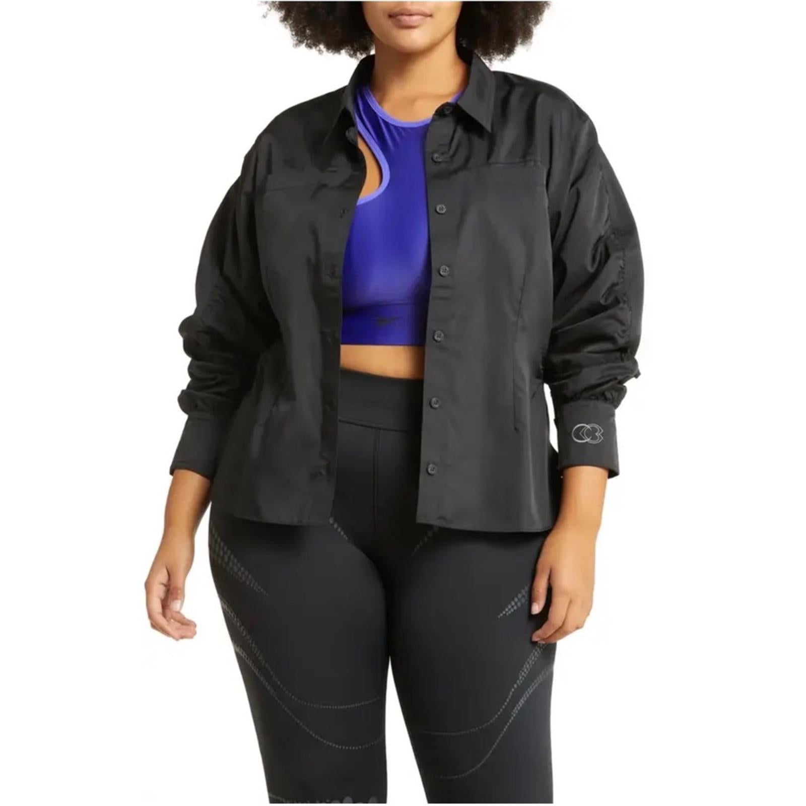 Reebok x Cardi B. Ruched-Sleeve Active Shirt in Black, Plus Size 2X New w/Tag