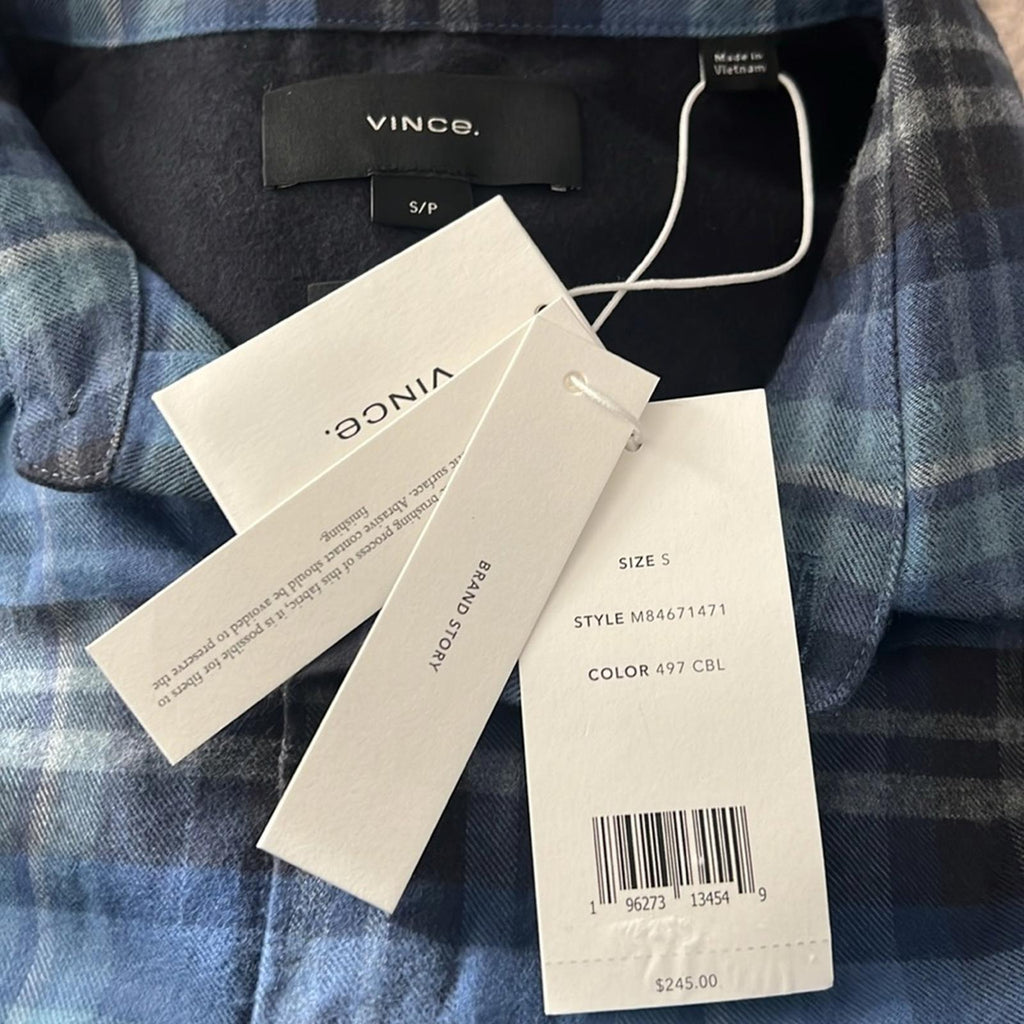 Vince Blue Plaid Casual Button Down Shirt, Size S NEW w/Tag