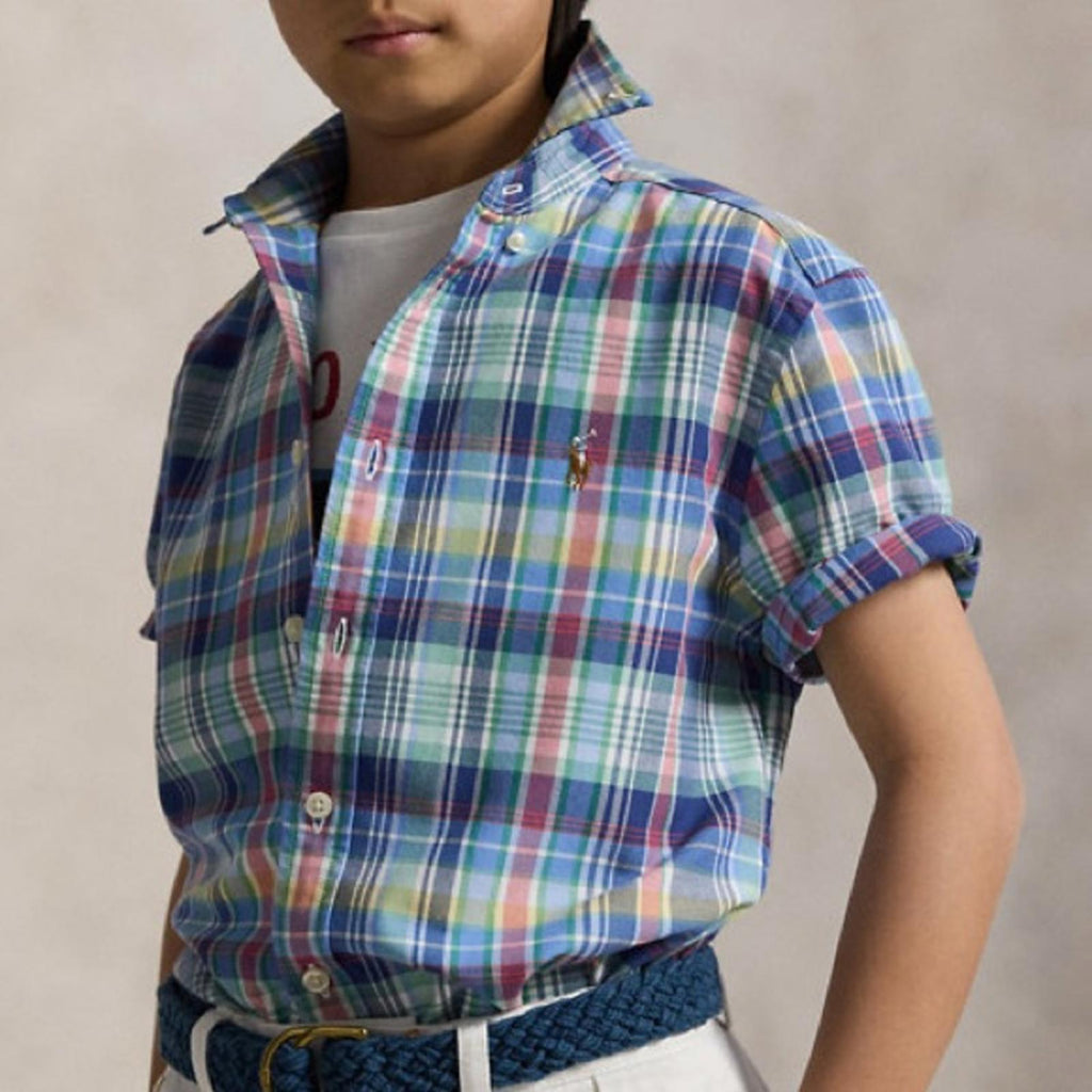 Ralph Lauren Plaid Oxford Short-Sleeve Shirt in Blue Multi, Size L(14-16), NWT