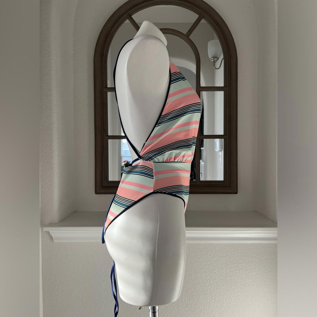 Maaji Safari Reversible Plunge One-Piece Swimsuit Stripe/Solid, Blue New w/Tag