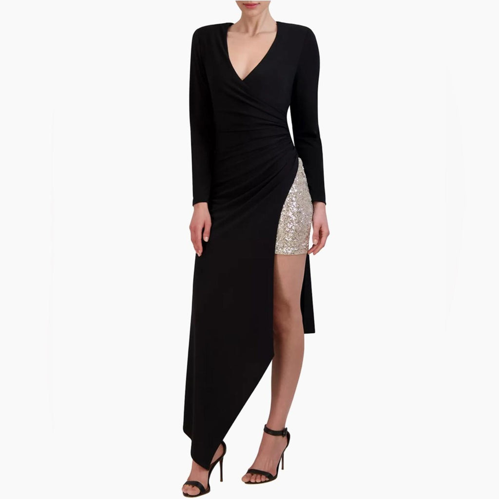 BCBGMaxazria Sequin Asymmetric Midi-Dress in Black Gold, Size 12, New with Tag