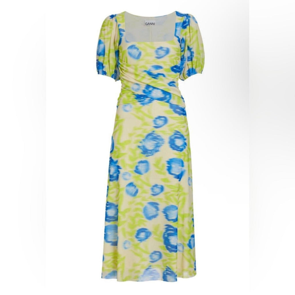 GANNI Crisscross Abstract-Printed Mesh Puff-Sleeve Midi Dress New w/Tag $445