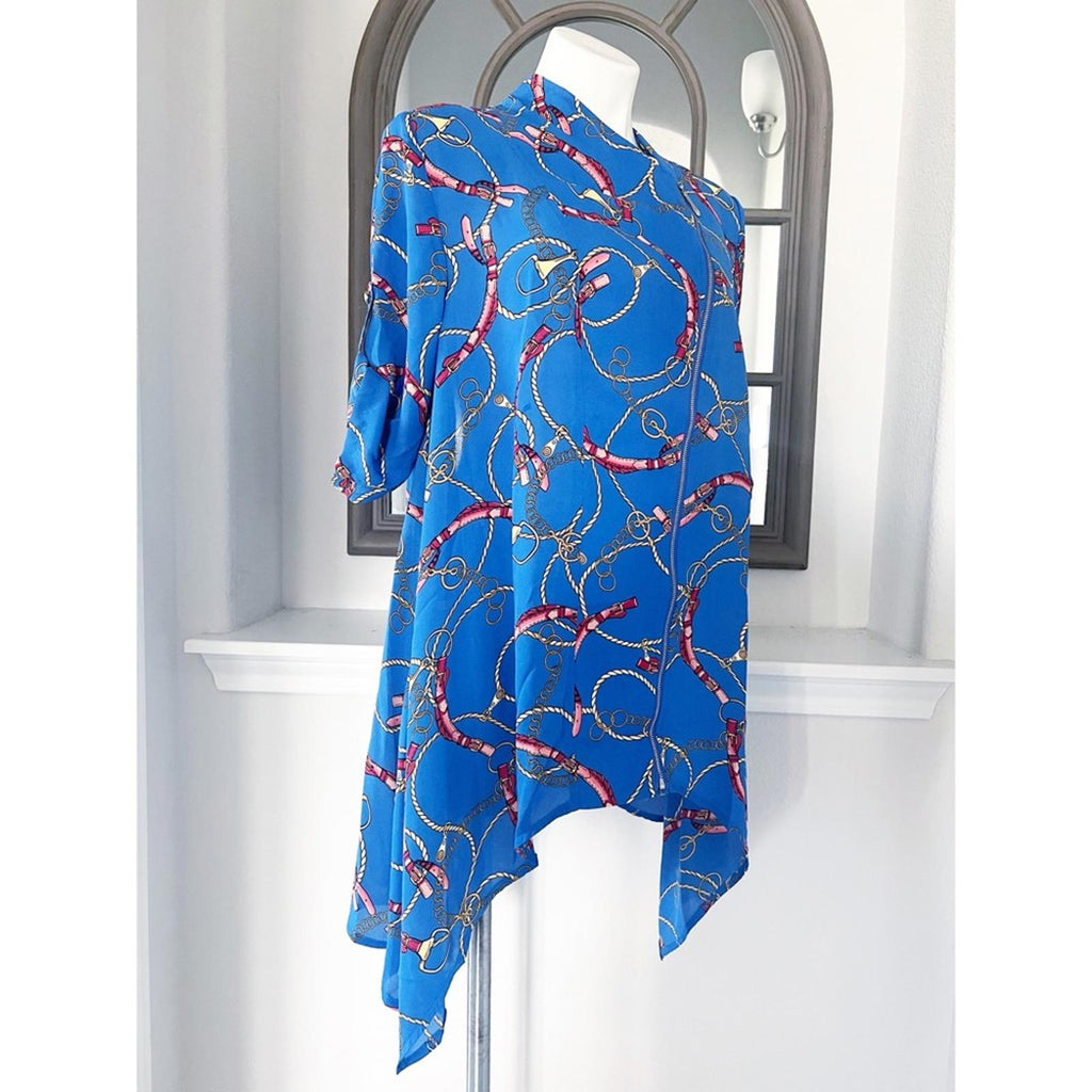 NEW Feratelli Tunic Blue Status Print Blouse Top Blue, Size L New with Tag