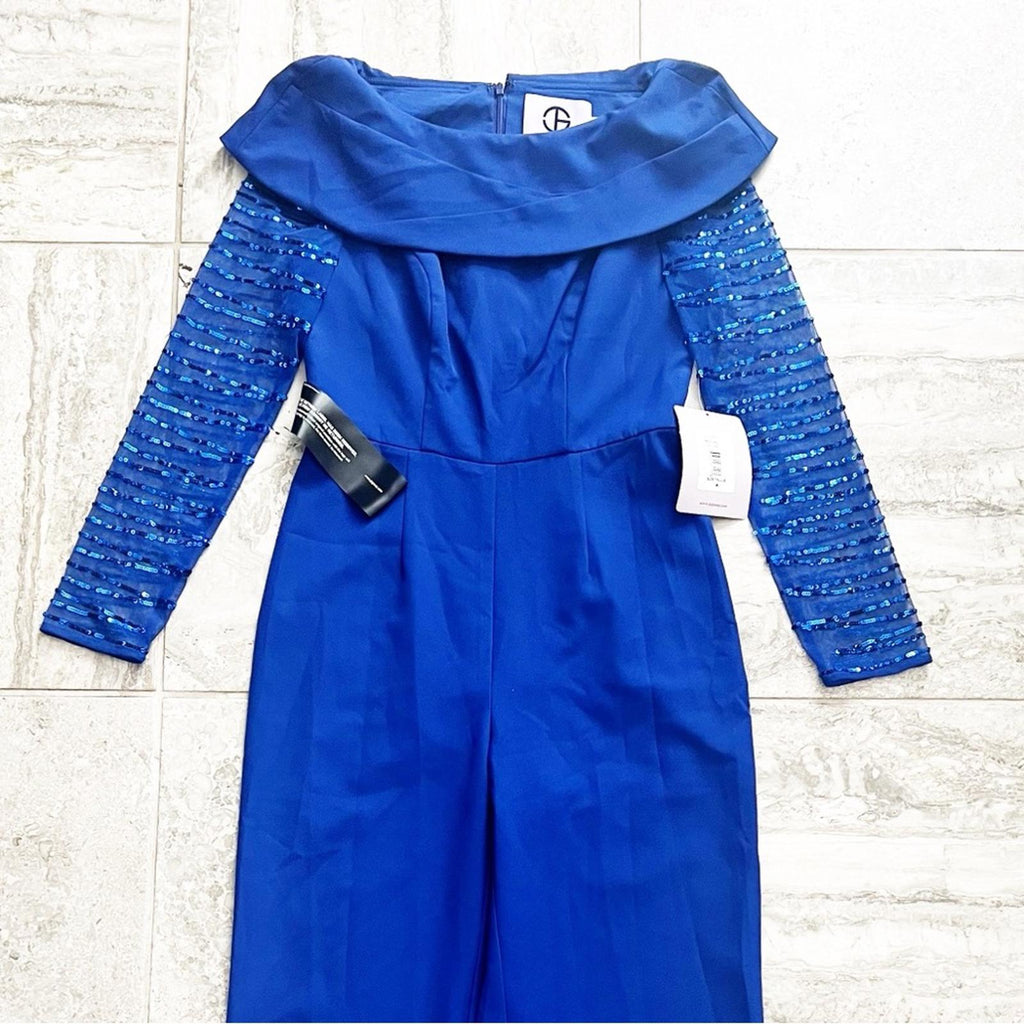 JS Collections Sequined Pintuck Jumpsuit in Blue, Size 4 New w/Tag, Retail $298