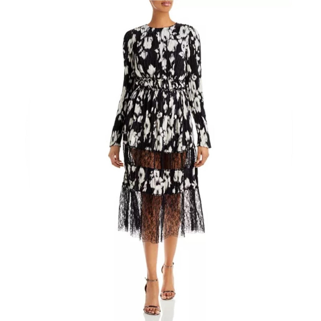 Jason Wu Collection Lace-Paneled Floral Plissé Silk-Satin Midi Dress, NWT, Size4