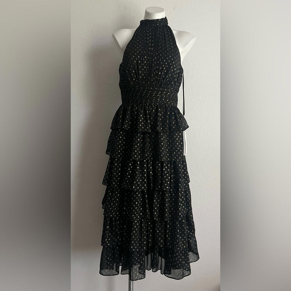 Mac Duggal Black Layered Polka Dot Cocktail Dress in Black/Gold, NWT, Size 8