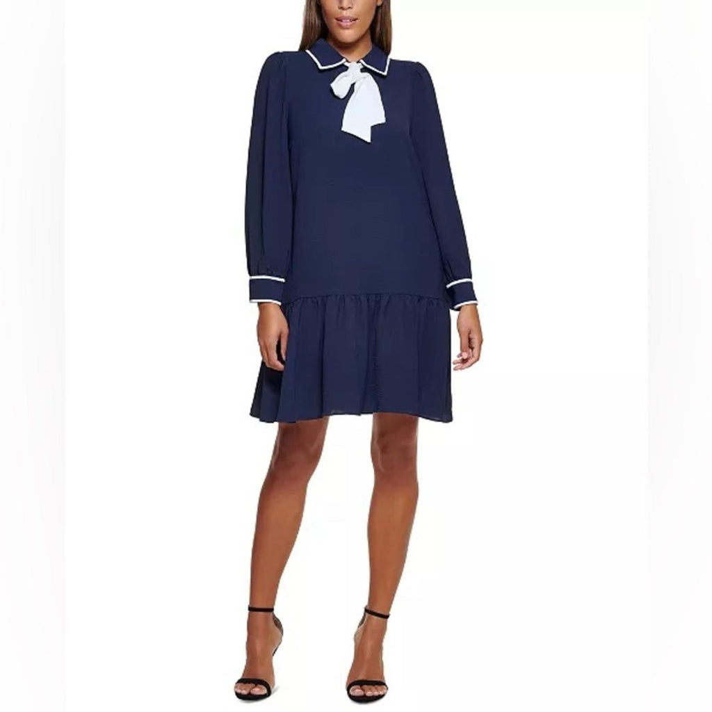 DKNY Contrast-Trim Trapeze Dress in Navy/White, Size 16 NEW w/Tag