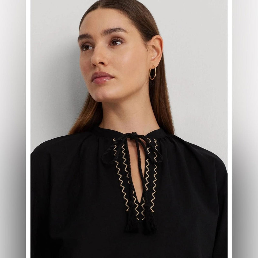 Lauren Ralph Lauren V-Neck Bishop Sleeves Pullover Top in Black Size S NWT