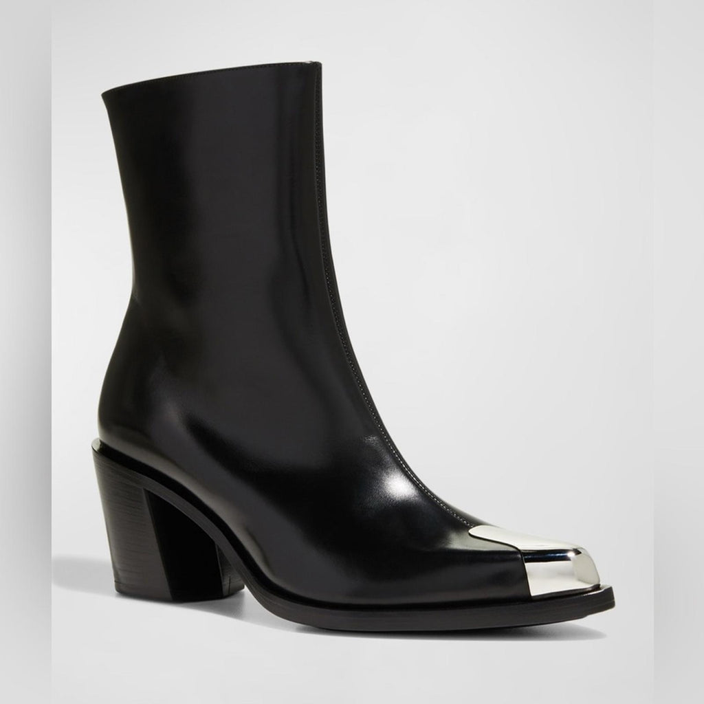 Alexander McQueen Boxcar Calfskin Ankle Booties Black/Slvr Size 36 NWT +DustBag