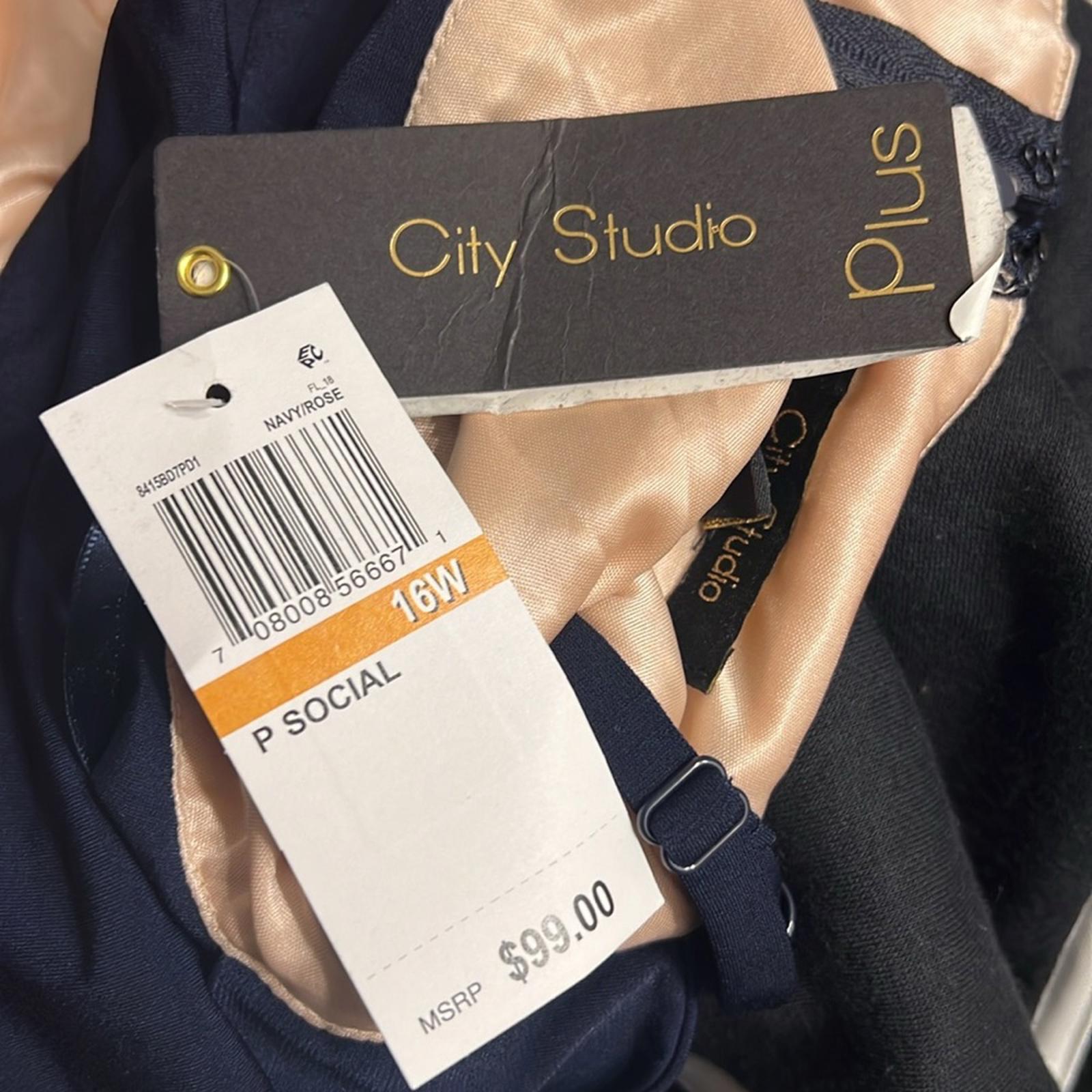 City Studios Trendy Off-The-Shoulder Slit Gown, Navy/Rose Size 16W New w/Tag $99