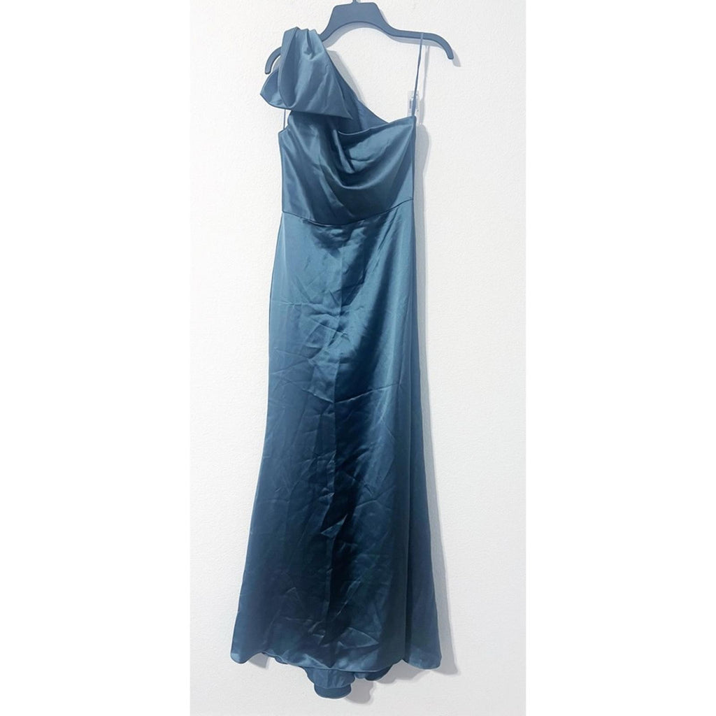 Amsale One-Shoulder Fluid Satin A-Line Gown in Petrol Green, Size 6, NEW
