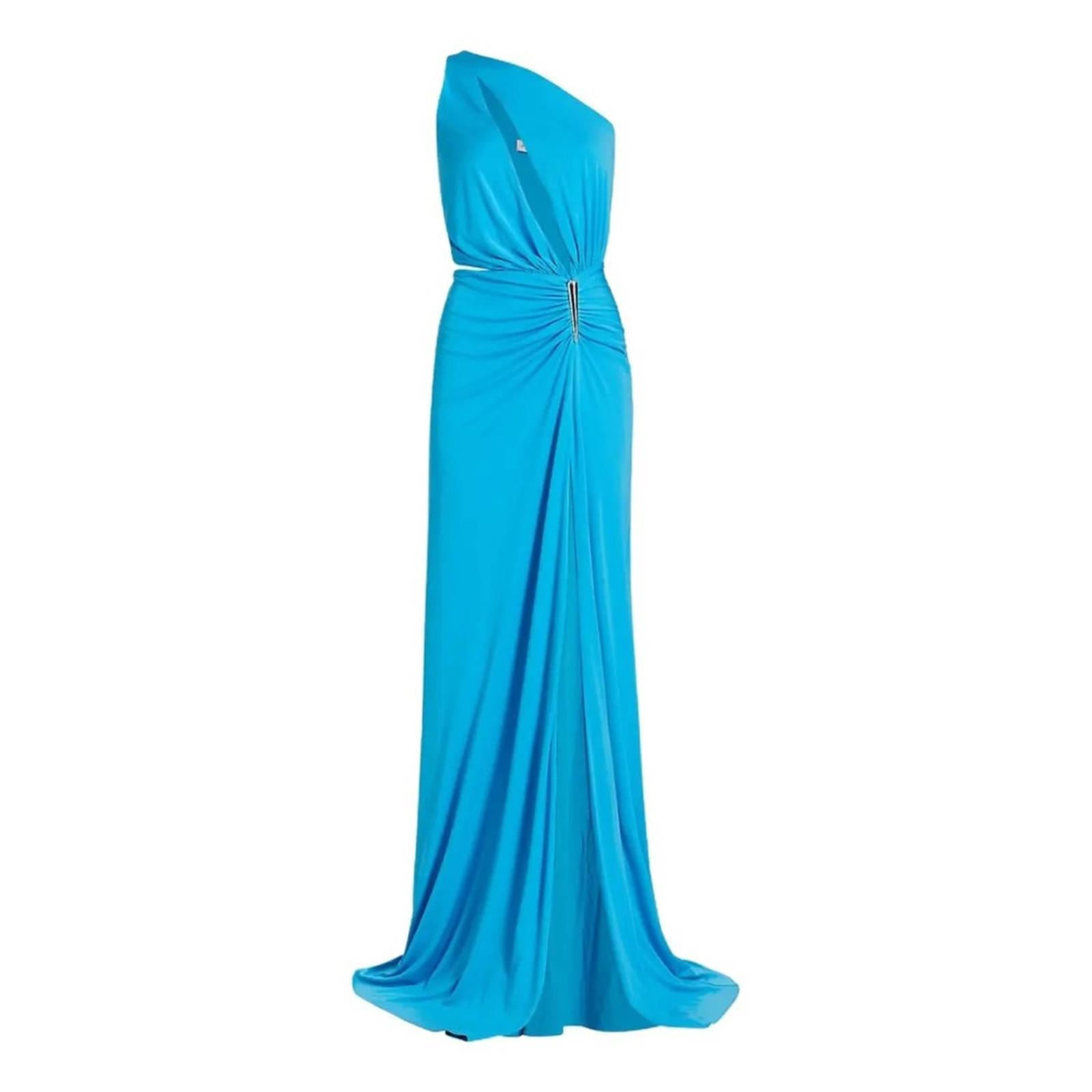 Halston Ivanna Gathered Asymmetric Cut-Out Gown, Aqua/Blue Size 4 New w/Tag