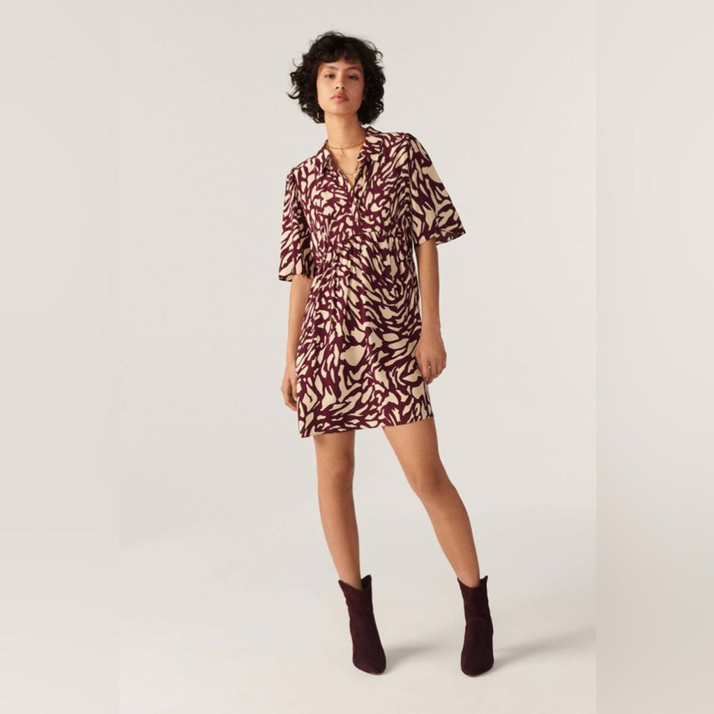 NEW ba&sh Groove Graphic Print Shirt Dress, Bordeaux Size 3/L Retail $295
