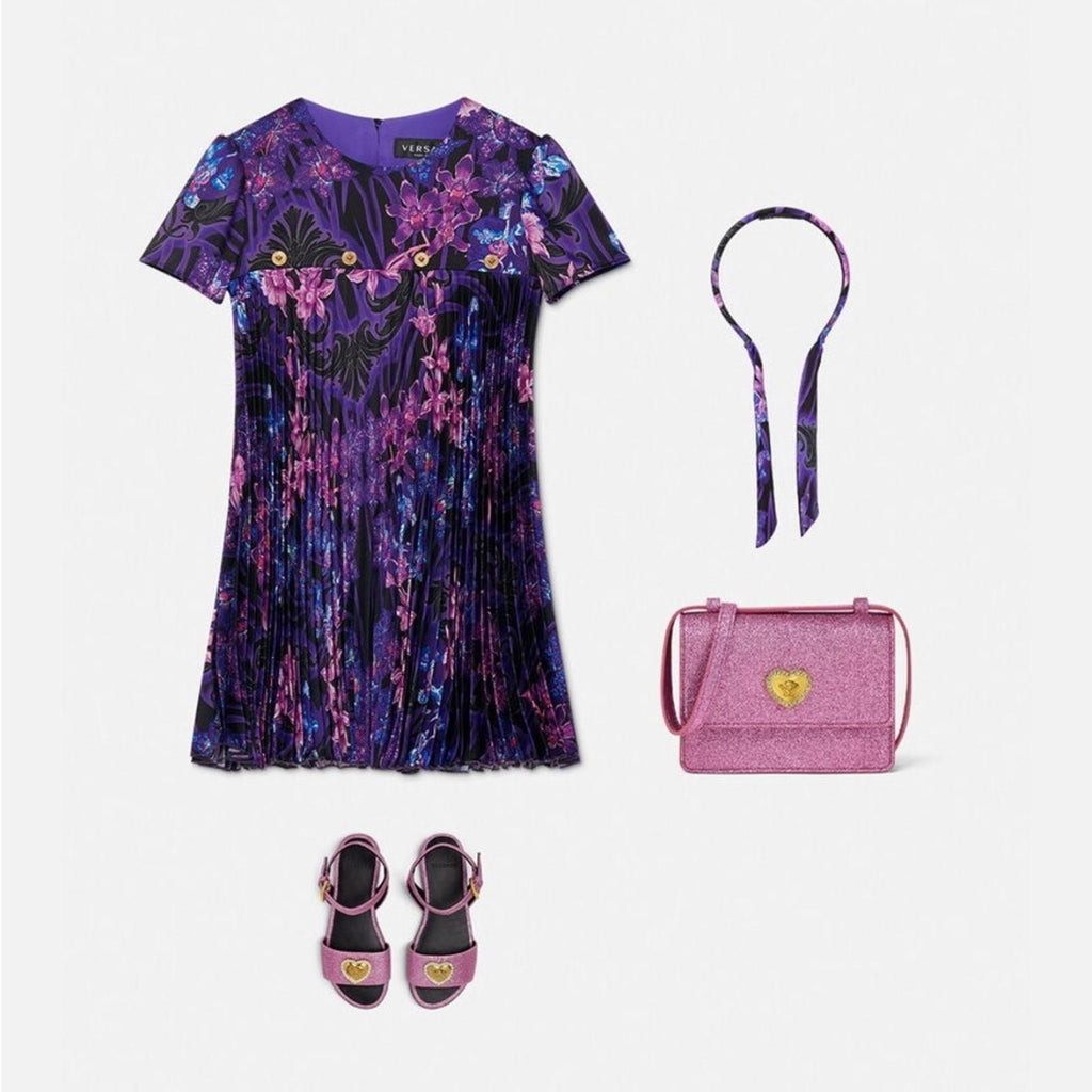 Versace Orchid Barocco Kids Pleated Dress, NWT, Girls Size 12 Retail $795