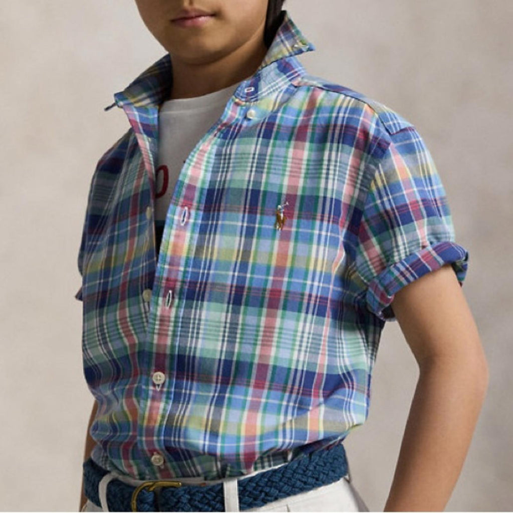 Ralph Lauren Plaid Oxford Short-Sleeve Shirt in Blue Multi, Size M(10-12), NWT
