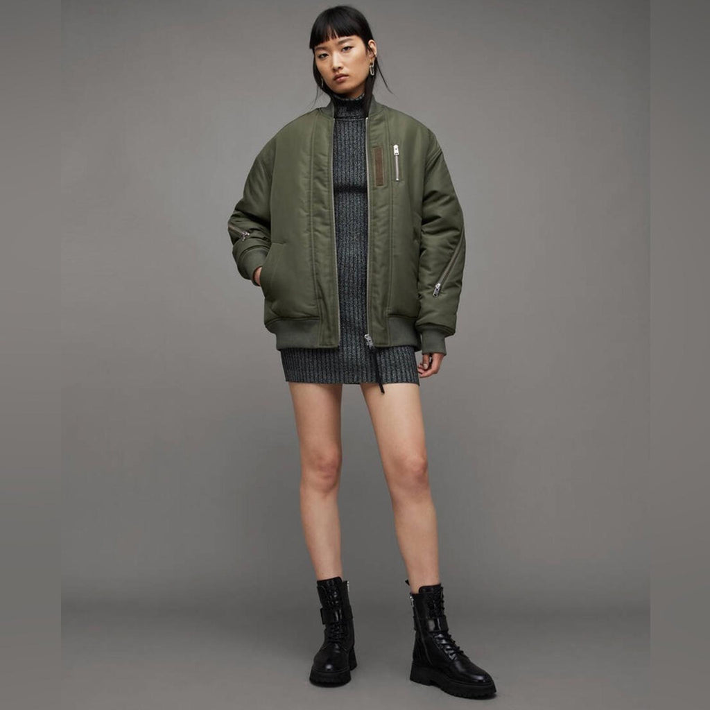 All Saints Scout Ruched Bomber Jacket in Khaki Green, Size L New w/Tag