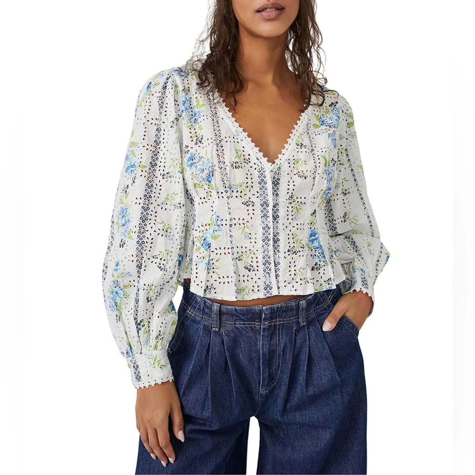 NWT Free People Blossom Cotton Eyelet Cropped Shirt Size M New w/Tag Retail $128