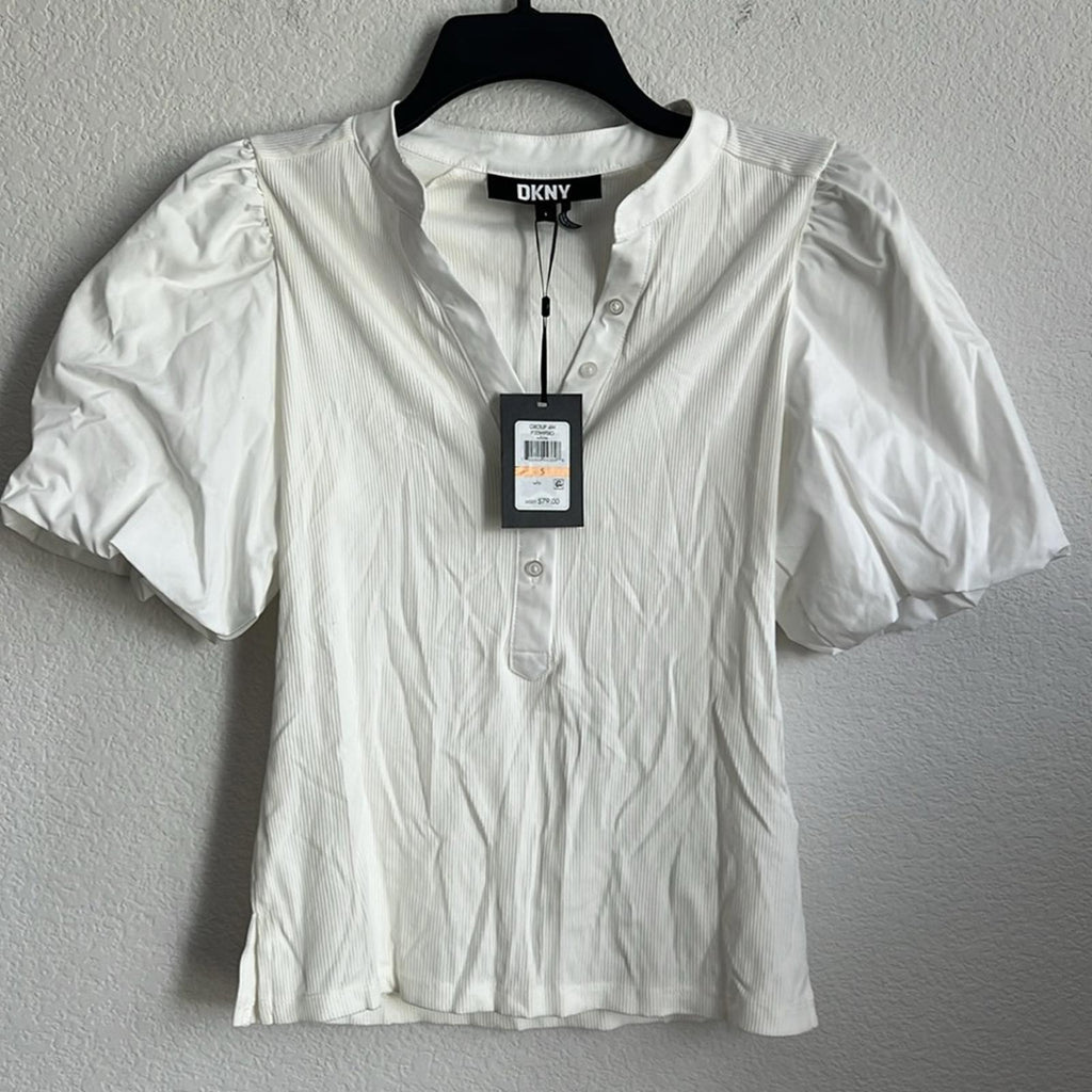 DKNY Puff-Sleeve Ribbed Henley Shirt in White, NWT, Size S